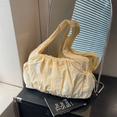 Women Casual Ruched Cloud Bag Large Capacity Canvas Pleated Shoulder Bag Fashion Wide Strap Drawstring Tote Bag Commuting Underarm Bag