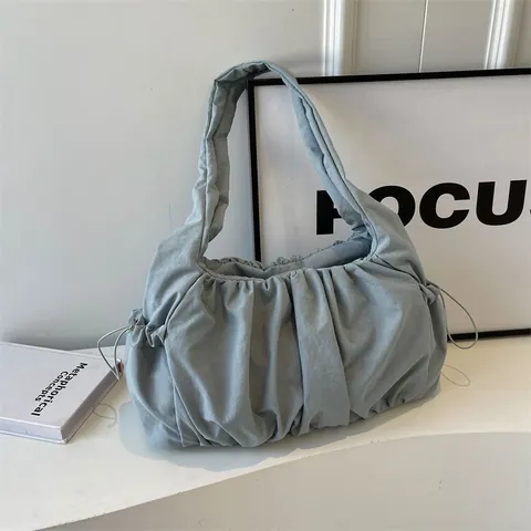 Women Casual Ruched Cloud Bag Large Capacity Canvas Pleated Shoulder Bag Fashion Wide Strap Drawstring Tote Bag Commuting Underarm Bag