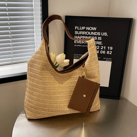 Bolso Tote de Paja Tejida de Gran Capacidad para Mujer Con Sub-bolsa Correa de Cuero Sintético Bolso de Hombro Casual de Verano Playa Vacaciones
