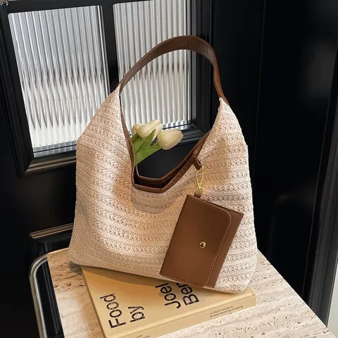 Bolso Tote de Paja Tejida de Gran Capacidad para Mujer Con Sub-bolsa Correa de Cuero Sintético Bolso de Hombro Casual de Verano Playa Vacaciones