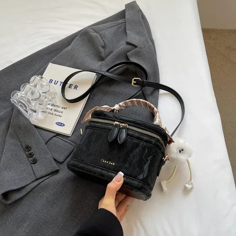 Fashion Marble Pattern PU Leather Box Bucket Bag For Women With Silk Scarf Handle And Plush Monster Charm Small Crossbody Bag