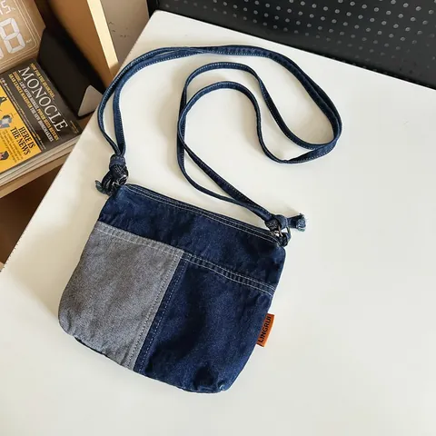 Bolso Bandolera de Mezclilla Vintage de Bloques de Color para Mujer Bolso Cuadrado Pequeño con Cremallera para Teléfono Bolso de Hombro Casual de Literatura