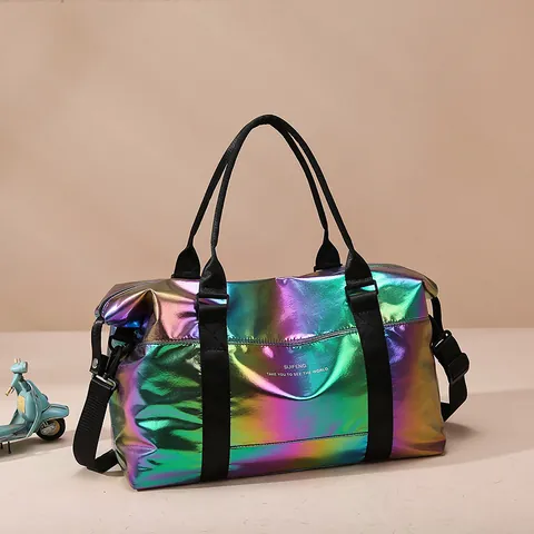 Iridescent Waterproof Travel Bag Large Capacity Sports Gym Bag For Women Lightweight Holographic Tote Shoulder Bag