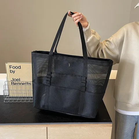 Bolso Tote de Malla de Gran Capacidad para Mujer Transpirable con Múltiples Bolsillos de Nylon para Playa Fitness Compras Viaje