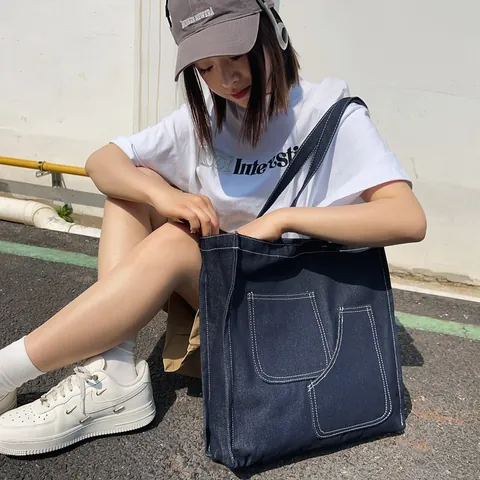 Borsa Tote in Denim da Donna Grande Capacità Vintage Cuciture a Contrasto Borsa a Tracolla in Tela Shopper Casual Con Doppie Tasche