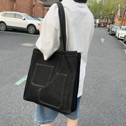 Borsa Tote in Denim da Donna Grande Capacità Vintage Cuciture a Contrasto Borsa a Tracolla in Tela Shopper Casual Con Doppie Tasche