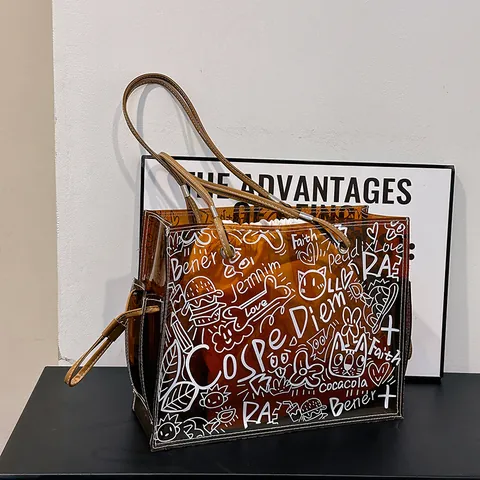Women Large Capacity PVC Transparent Jelly Tote Bag Streetwear Graffiti Handbag Fashion Casual Shoulder Bag For Shopping Beach