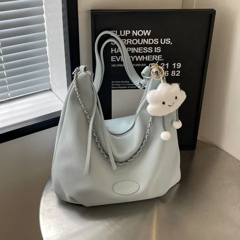 Borsa Tote Hobo da Donna in Pelle PU Martellata di Grande Capacità Con Catena in Metallo E Ciondolo a Nuvola Borsa a Tracolla