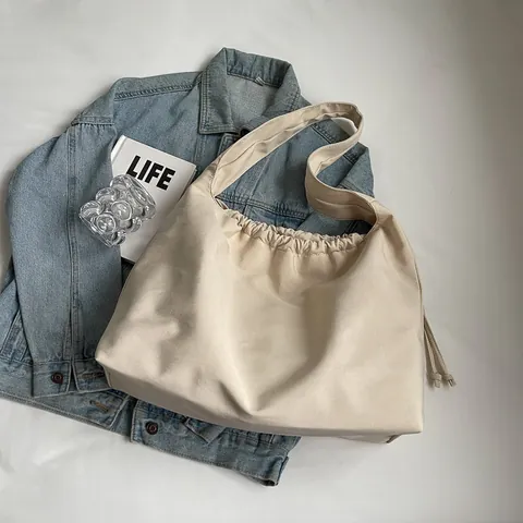Sac Fourre-tout Décontracté en Toile à Cordon pour Femmes Grande Capacité Sac à Bandoulière Couleur Unie Mode Simple Sac à Main de Voyage