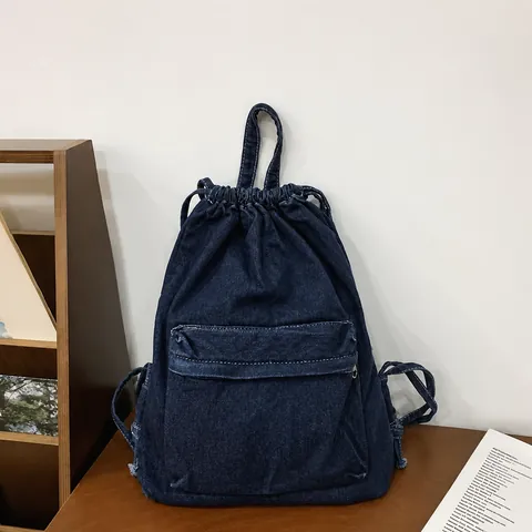 Women Casual Denim Drawstring Backpack Lightweight Travel Rucksack Washed Jean Cloth School Bookbag Large Capacity Shoulder Bag