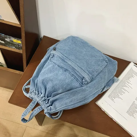 Women Casual Denim Drawstring Backpack Lightweight Travel Rucksack Washed Jean Cloth School Bookbag Large Capacity Shoulder Bag