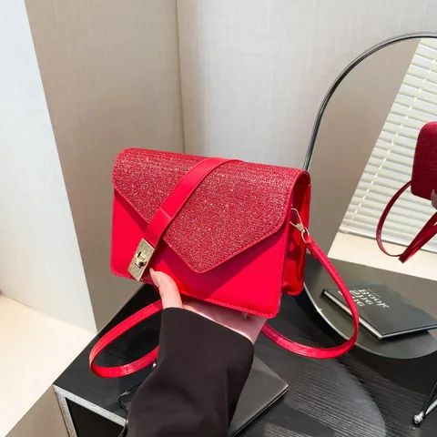 Women Fashion PU Leather Crossbody Bag With Glitter Sequin Flap Geometric Design Metallic Lock Small Square Shoulder Bag