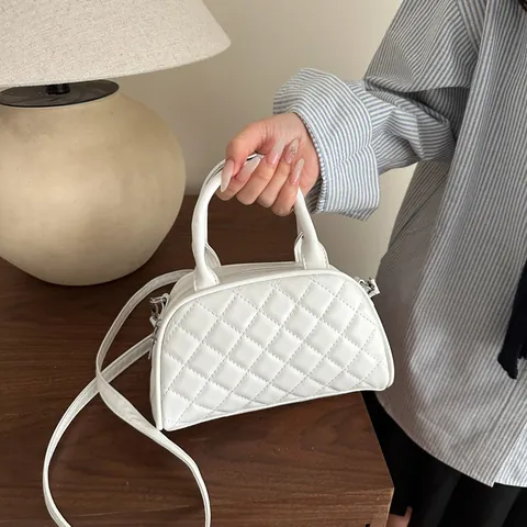 Women Quilted Rhombus PU Leather Boston Bag Elegant Stitching Crossbody Bag With Adjustable Strap Top Handle Handbag