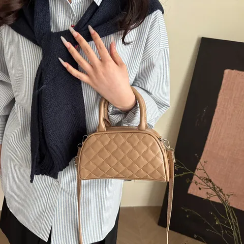 Women Quilted Rhombus PU Leather Boston Bag Elegant Stitching Crossbody Bag With Adjustable Strap Top Handle Handbag