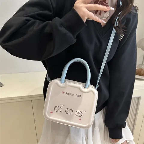 Dames Schattige Cartoon Beer Print PU Leer Handtas Stijlvolle Golfkant Crossbody Tas Veelzijdige Kleine Schoudertas Voor Meisjes Dagelijks Gebruik