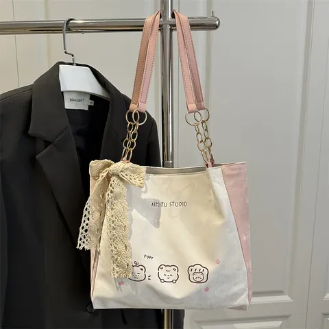 Women Large Capacity Tote Bag Canvas Synthetic Leather Lace Bow Cartoon Puppy Print Gold Chain Casual Shoulder Handbag