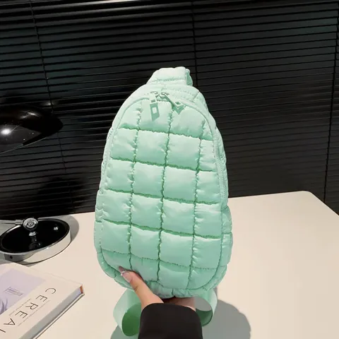 Women Nylon Quilted Puffer Chest Bag Fashion Pleated Crossbody Sling Bag Adjustable Strap Casual Daily Shoulder Bag