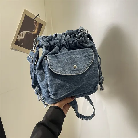 Bolso Bombonera de Mezclilla Vintage Con Cordón para Mujer Gran Capacidad Color Sólido Bolso Bandolera Con Bolsillo Frontal Lavado
