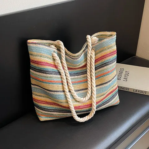 Borsa Tote da Donna Intrecciata in Paglia a Strisce Colorate Grande Capacità Borsa a Mano Casual per Vacanza Spiaggia Con Manico in Corda di Cotone