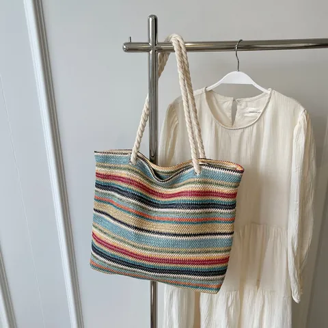 Borsa Tote da Donna Intrecciata in Paglia a Strisce Colorate Grande Capacità Borsa a Mano Casual per Vacanza Spiaggia Con Manico in Corda di Cotone
