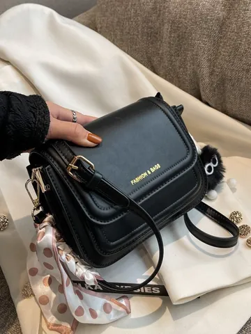 Women Minimalist PU Leather Crossbody Bag Multi-Layer Small Square Shoulder Bag With Silk Scarf And Plush Monster Pendant Daily Handbag
