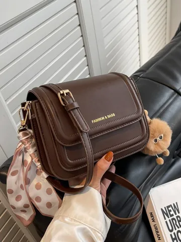 Women Minimalist PU Leather Crossbody Bag Multi-Layer Small Square Shoulder Bag With Silk Scarf And Plush Monster Pendant Daily Handbag