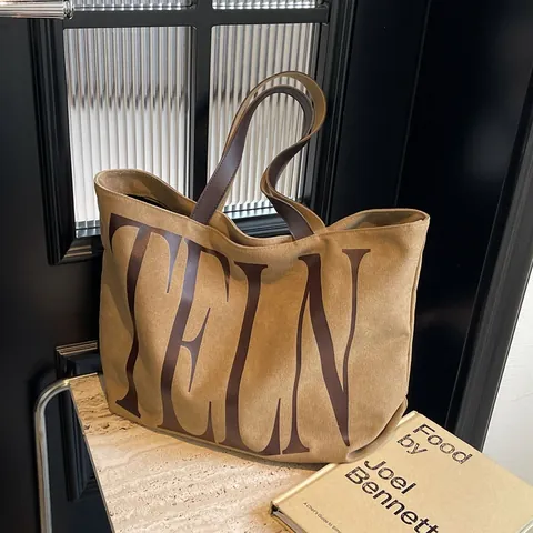 Large Capacity Canvas Tote Bag Leather Straps Letter Print Shopping Commuting Shoulder Handbag Fashion Women Bag
