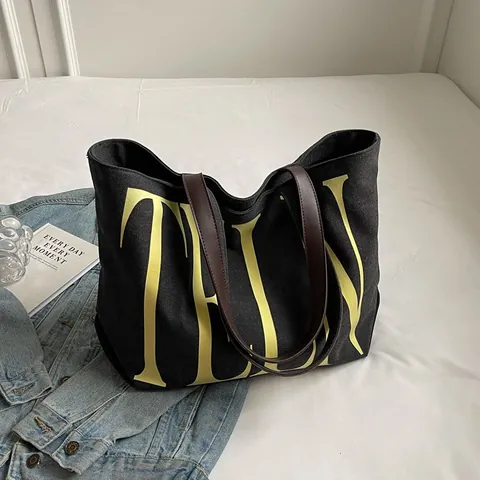 Large Capacity Canvas Tote Bag Leather Straps Letter Print Shopping Commuting Shoulder Handbag Fashion Women Bag