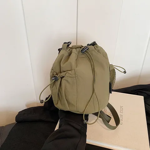 Women Lightweight Nylon Drawstring Bucket Bag Minimalist Crossbody Shoulder Bag With Side Mesh Pocket For Travel Daily Casual
