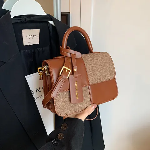 Borsa a Mano da Donna alla Moda Patchwork in Pelle PU e Tweed Piccola Borsa Quadrata Tracolla Pendolare Con Tracolla Regolabile