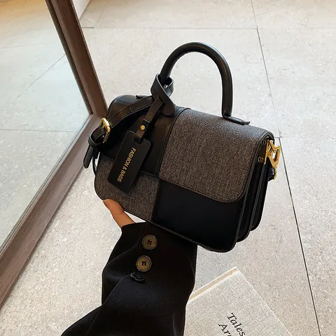 Borsa a Mano da Donna alla Moda Patchwork in Pelle PU e Tweed Piccola Borsa Quadrata Tracolla Pendolare Con Tracolla Regolabile