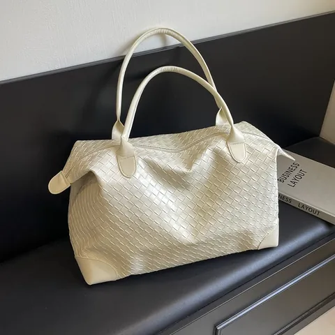 Bolso Tote Tejido de Gran Capacidad para Mujer Moda Cuero PU Bolso de Hombro Grande Bolso de Mano Minimalista para Viaje Con Cremallera