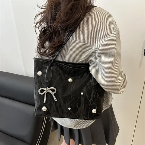 Bolso Tote de Mujer con Lazo y Perlas Artificiales Gran Capacidad Bolso de Hombro de Cuero PU Texturizado de Moda para Viaje Escuela Diario