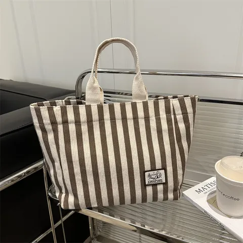 Damen Große Kapazität Cord Gestreift Tote-Tasche Retro Japanischer Stil Schultertasche Student Pendeln Handtasche Mit Magnetschnalle