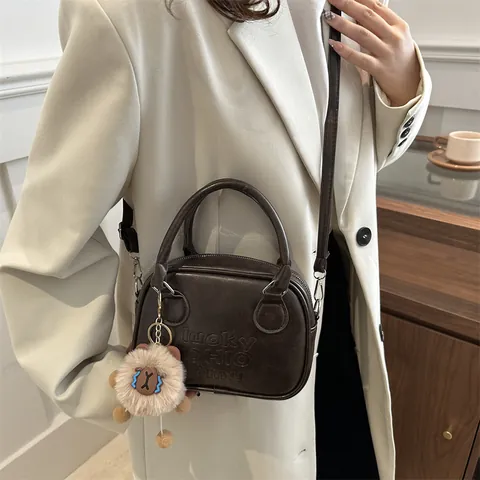 Women Retro PU Leather Bowling Bag With Lucky Ohio Letter Embossing Adjustable Shoulder Strap Small Top Handle Crossbody Bag Casual Handbag