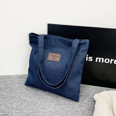 Vintage Denim Tragetasche Damen Große Kapazität Umhängetasche Mit Lederaufnäher Kontrastnähte Lässige Schultasche
