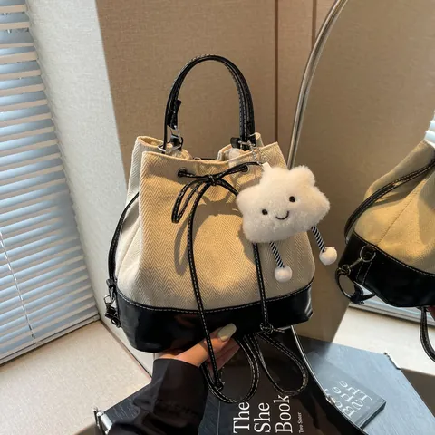 Women Korean Style Patchwork Canvas Leather Bucket Backpack Casual Handbag Shoulder Bag With Plush Cloud Pendant Drawstring Bow Commuting Bag