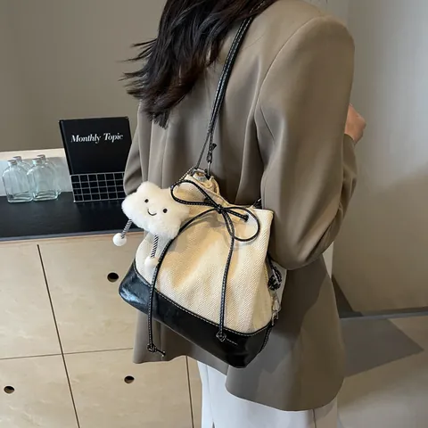 Women Korean Style Patchwork Canvas Leather Bucket Backpack Casual Handbag Shoulder Bag With Plush Cloud Pendant Drawstring Bow Commuting Bag