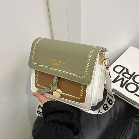 Bolso Cuadrado Pequeño para Mujer Color de Contraste Vintage Cuero PU Bandolera Correa de Hombro Bordada Ancha Moda Bolso Diario