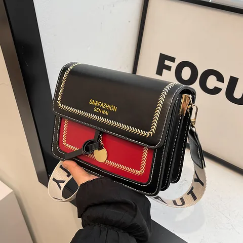 Bolso Cuadrado Pequeño para Mujer Color de Contraste Vintage Cuero PU Bandolera Correa de Hombro Bordada Ancha Moda Bolso Diario