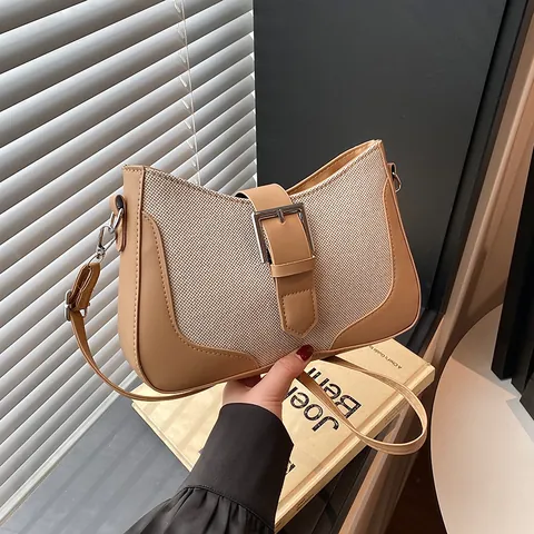 Bolso de Hombro de Moda para Mujer de PU y Lona Empalmado Color de Contraste Bolso de Axila Vintage Bolso Cuadrado Pequeño