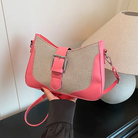 Bolso de Hombro de Moda para Mujer de PU y Lona Empalmado Color de Contraste Bolso de Axila Vintage Bolso Cuadrado Pequeño
