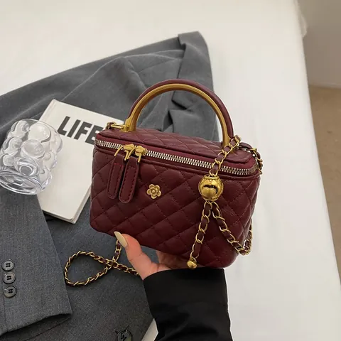 Damen Gesteppt Rautenmuster Vanity Bag PU Leder Handtasche Mit Goldenem Metallgriff Und Verstellbarer Kugel Kette Umhängetasche