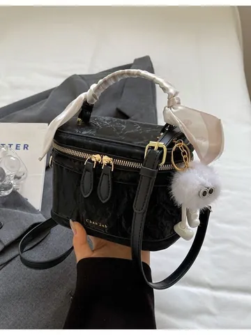 Women Vintage Marble Pattern PU Leather Crossbody Bag With Scarf Handle And Plush Charm Fashion Satchel Handbag Square Box Bag