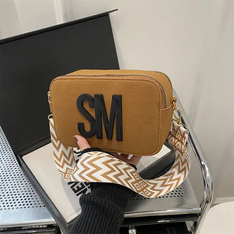 Women Fashion Camera Crossbody Bag PU Leather Letter SM Decoration Wide Geometric Pattern Strap Small Square Bag Stylish Messenger Shoulder Bag