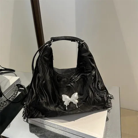 Borsa a Spalla in Pelle PU Con Stampa Marmorizzata per Donna Con Farfalla in Metallo Texture Metallo Liquido Tote Grande Capacità