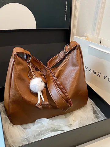 Damen Große Kapazität PU-Leder Hobo Schultertasche Mit Plüsch-Monster-Anhänger Lässige Tote-Tasche Mode Pendler Handtasche