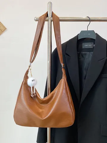 Damen Große Kapazität PU-Leder Hobo Schultertasche Mit Plüsch-Monster-Anhänger Lässige Tote-Tasche Mode Pendler Handtasche