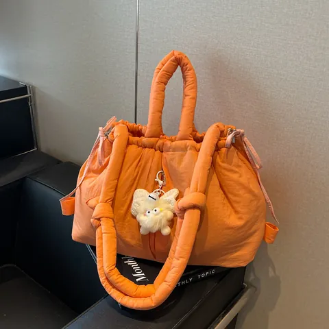 Padded Quilted Nylon Cloud Shoulder Bag Women Large Capacity Drawstring Pleated Tote Bucket Bag Versatile Casual Handbag