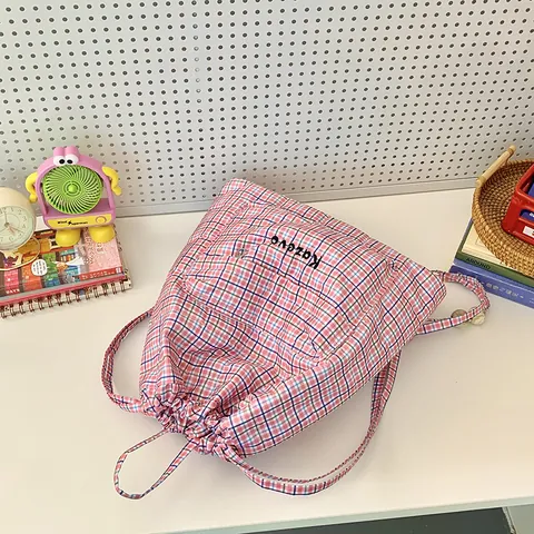 Vintage Plaid Quilted Drawstring Backpack For Women Casual Lightweight Cotton Blend Travel Shoulder Bag With Front Pocket